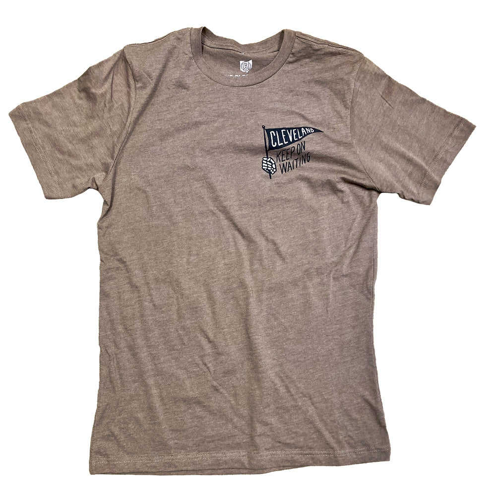 Brown t-shirt with a logo on the chest against a white background