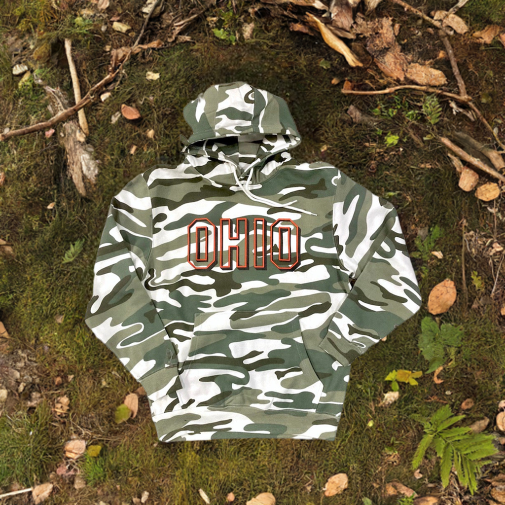 Block Ohio Text- Camo Pullover Hoodie