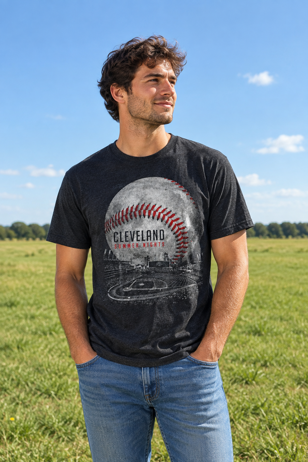 Cleveland Summer Nights - Baseball Moon T-shirt | Cleveland Baseball Apparel