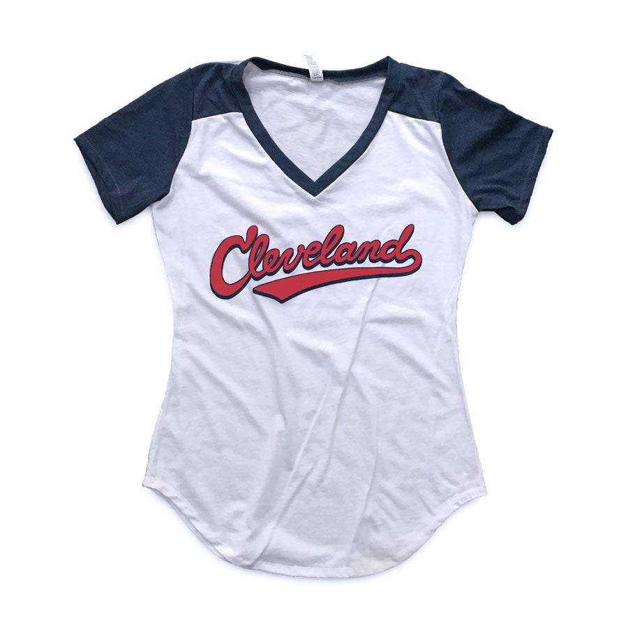 Cleveland Athletic Script - Contrast V Neck Raglan T-shirt, T-shirts, WeBleedOhio, WeBleedOhio